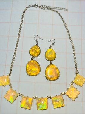 Yellow Iridescent Drop Earrings and Statement Necklace Set